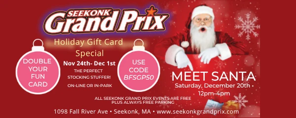 A holiday-themed Seekonk Grand Prix flyer featuring Santa, red background, snowflakes, gift icons, and text about a “Meet Santa” event and a “Double Your Fun Card” promo. End with a period.