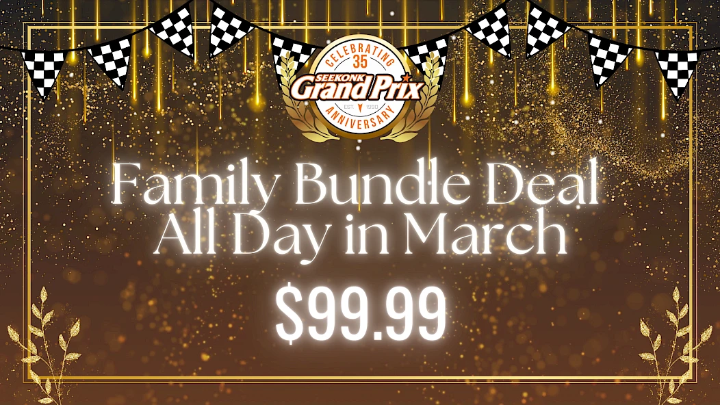 Family Bundle Deal all day in March for $99.99, glittery gold promo with checkered flags, anniversary badge, and celebratory sparkles.