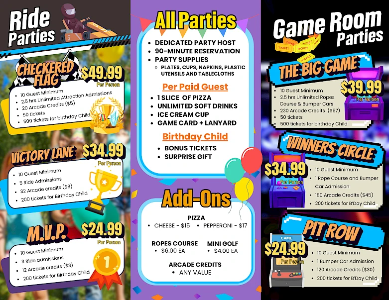 The image shows party packages and add-ons, including Ride and Game Room options with prices, features, and extras for events.