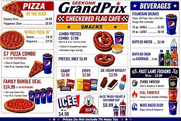 Pizza by the Slice at Checkered Flag Cafe image with combos, drinks, snacks and prices; colorful layout, top banner says GrandPrix.