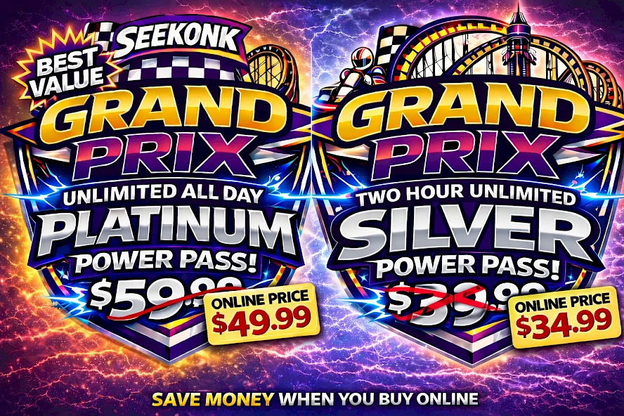 A colorful lottery-style promo banner for Grand Prix tickets with Platinum and Silver packages, prices and online price banners. (Ends with a period)