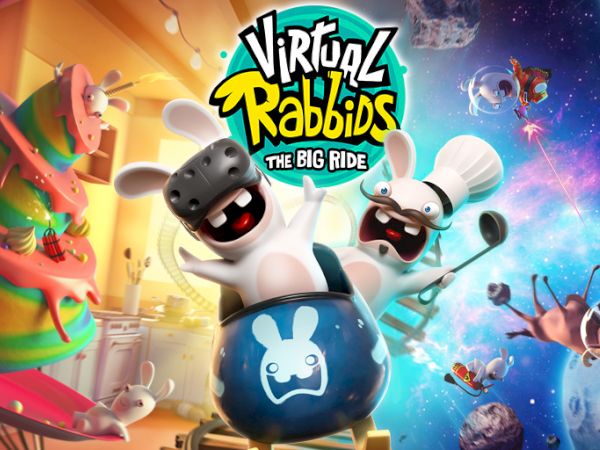 The image shows cartoon rabbits in chef outfits on a wild adventure, with a "Virtual Rabbids: The Big Ride" logo at the top center.