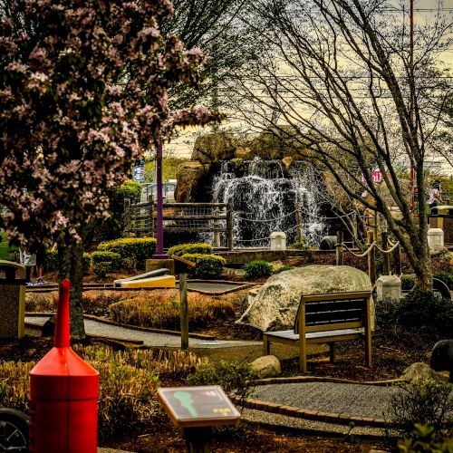 A scenic park with blooming trees, a fountain, benches, and walking paths. Some people are visible in the background enjoying the park’s atmosphere.