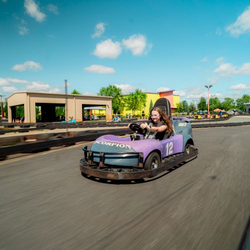 A person is driving a purple go-kart on an outdoor track, with buildings and trees in the background under a blue sky with clouds.