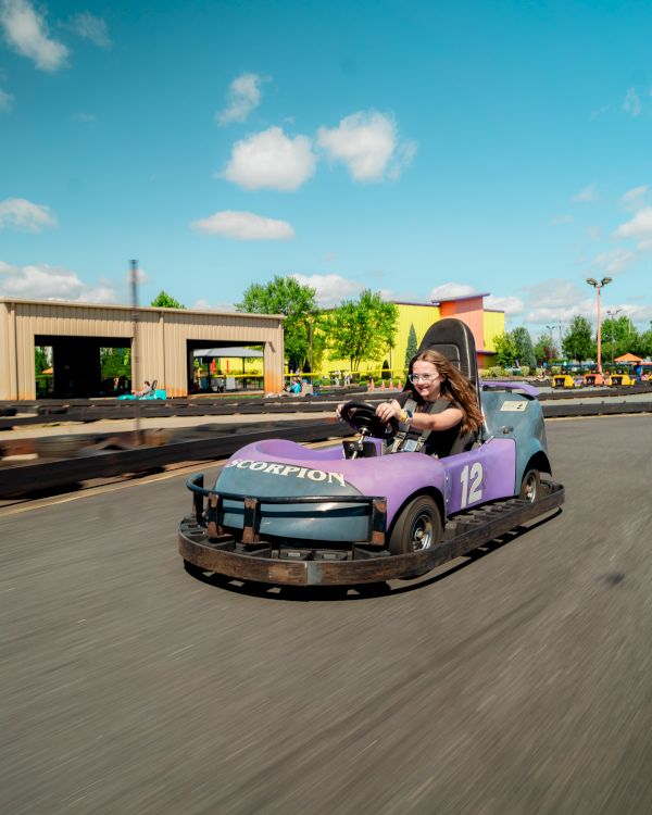 A person is driving a purple go-kart on an outdoor track, with buildings and trees in the background under a blue sky with clouds.