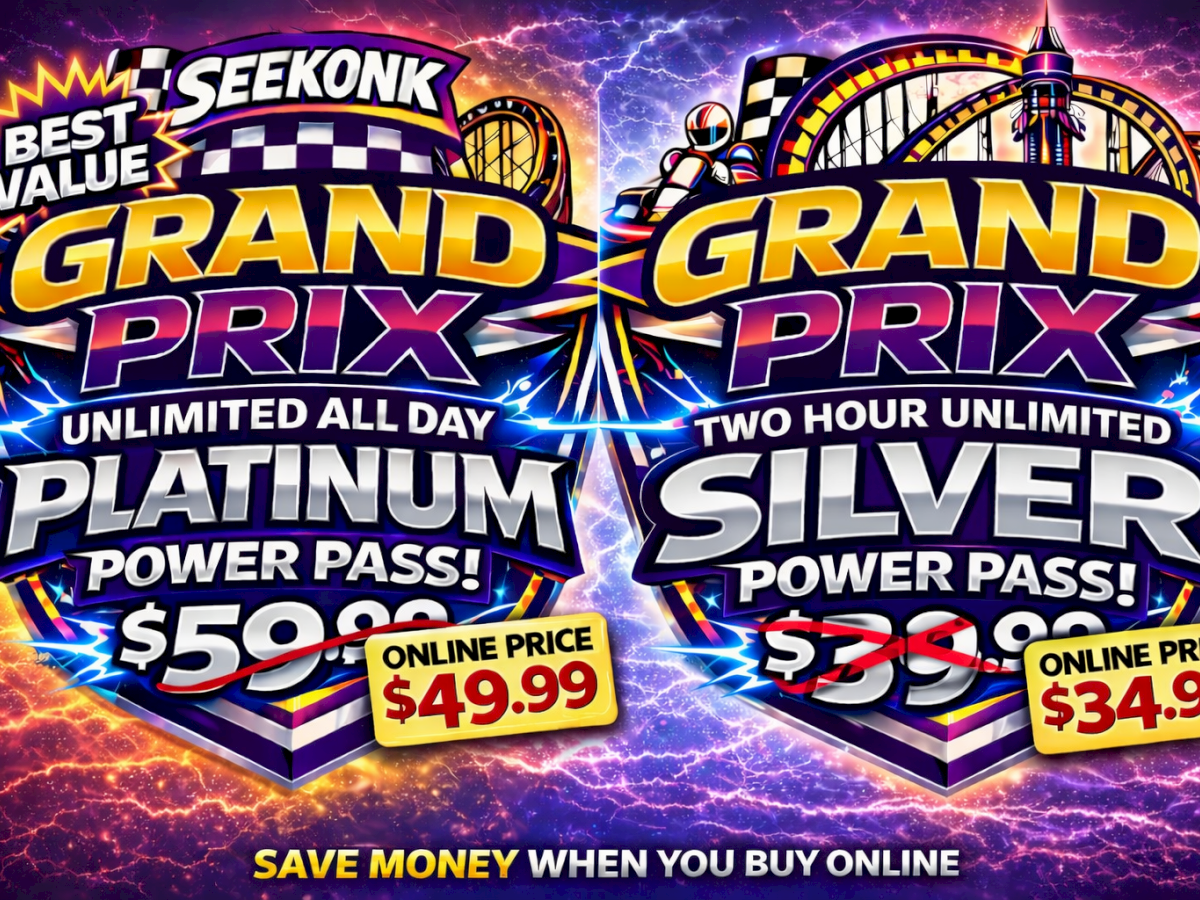 Grand Prix logos with platinum and silver power passes, pricing $49.99 online and $34.99 online, flashy neon rave design.
