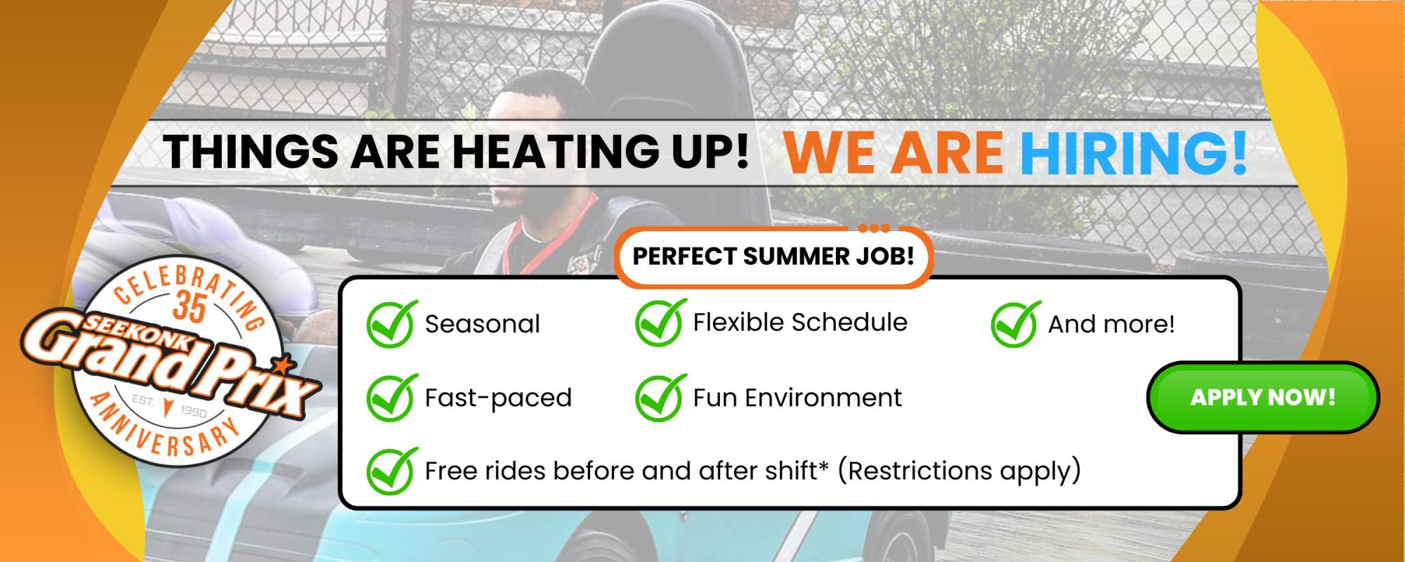 Job ad for Seekonk Grand Prix offering seasonal, flexible, and fun summer jobs with perks like free rides. Ending sentence.