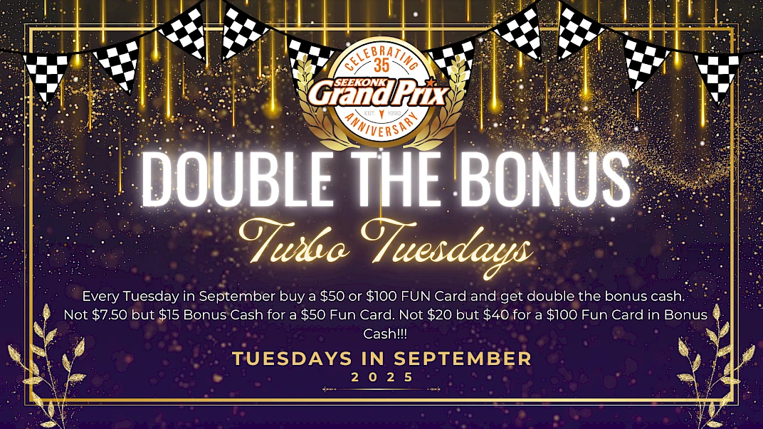 Celebration theme for a "Double the Bonus" event in September 2025, offering bonus cash on FUN Card purchases every Tuesday. Ends with excitement!