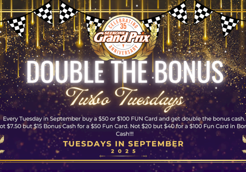Celebration theme for a "Double the Bonus" event in September 2025, offering bonus cash on FUN Card purchases every Tuesday. Ends with excitement!