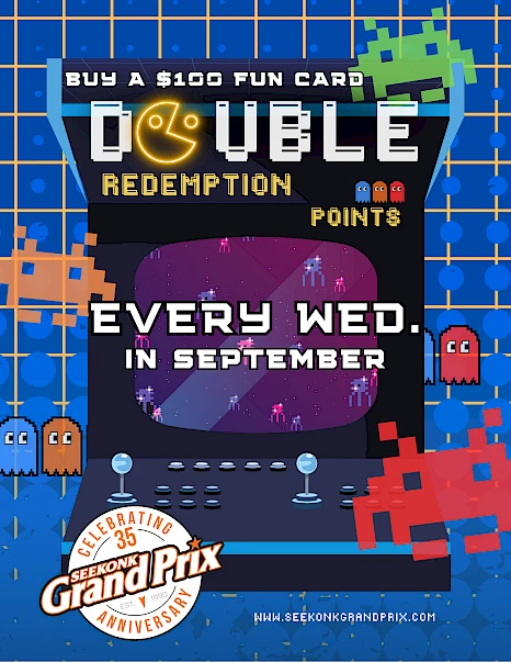 Retro arcade game promo for double redemption points on Wednesdays in September, celebrating 35 years of Grand Prix.