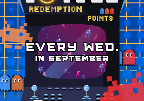 Retro arcade game promo for double redemption points on Wednesdays in September, celebrating 35 years of Grand Prix.