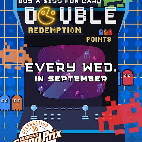 Retro arcade game promo for double redemption points on Wednesdays in September, celebrating 35 years of Grand Prix.