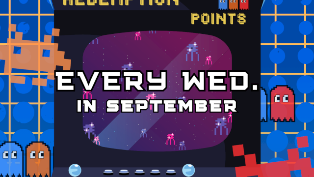 Retro arcade game promo for double redemption points on Wednesdays in September, celebrating 35 years of Grand Prix.