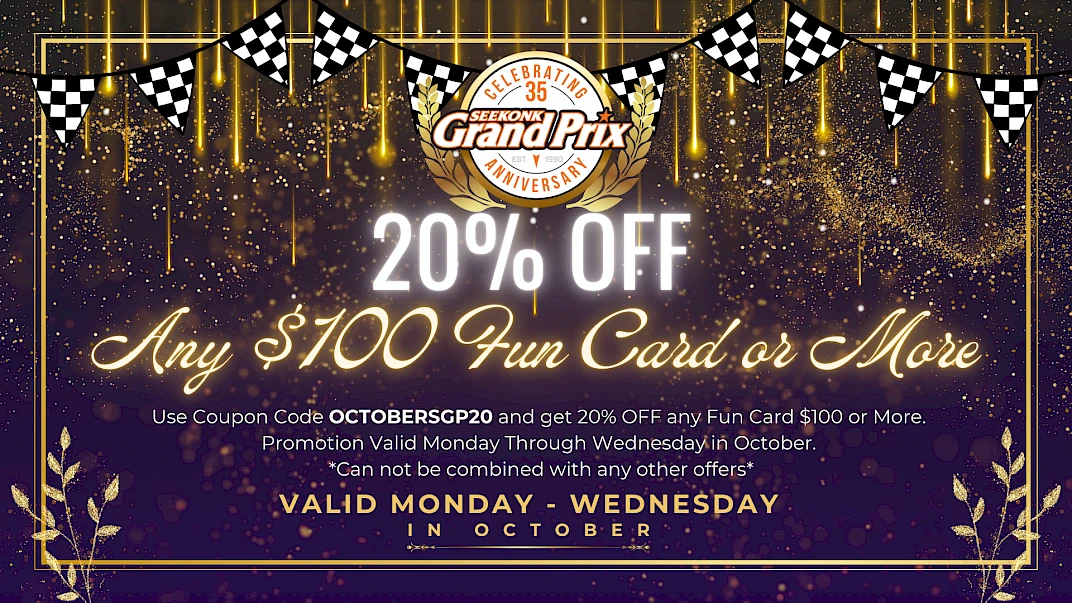 The image shows a 20% off coupon offer for a $100 Fun Card at Boomers! Livermore Grand Prix, valid Monday-Wednesday in October.
