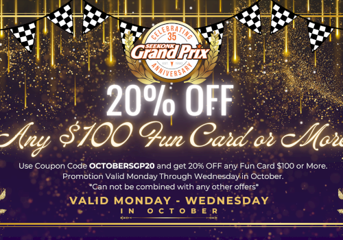The image shows a 20% off coupon offer for a $100 Fun Card at Boomers! Livermore Grand Prix, valid Monday-Wednesday in October.