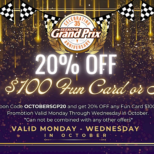 The image shows a 20% off coupon offer for a $100 Fun Card at Boomers! Livermore Grand Prix, valid Monday-Wednesday in October.
