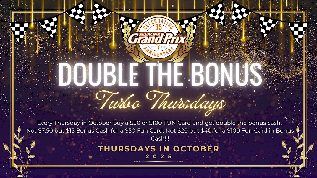 Promotional image for "Turbo Thursdays" in October with "Double the Bonus" offer for purchasing Fun Cards at the Grand Prix.