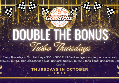 Promotional image for "Turbo Thursdays" in October with "Double the Bonus" offer for purchasing Fun Cards at the Grand Prix.