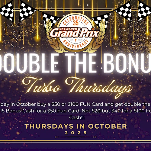 Promotional image for "Turbo Thursdays" in October with "Double the Bonus" offer for purchasing Fun Cards at the Grand Prix.
