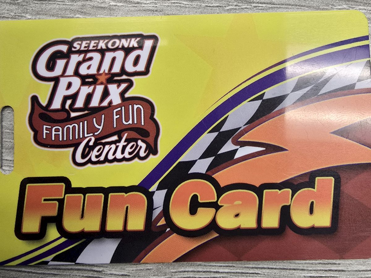 This image shows a Seekonk Grand Prix Family Fun Center Fun Card with colorful graphics and logos.