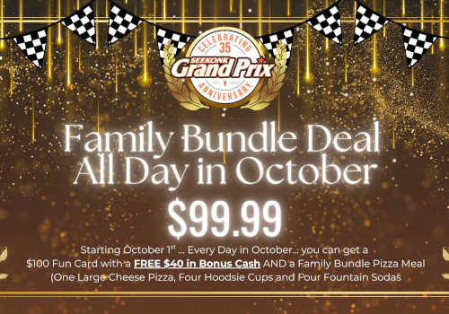 The image promotes a $99.99 Family Bundle Deal for October, including pizza and fun cards, at Malibu Jack's Grand Prix Louisville.