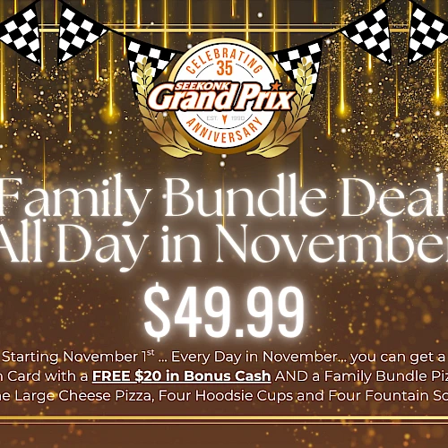 The image shows a family bundle deal for $49.99, available all day in November, with details under the Grand Prix Family Entertainment header.