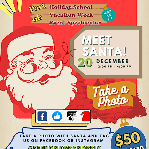 Holiday event flyer for Seekonk Grand Prix featuring a meet Santa event on December 20th; includes a photo opportunity and $50 prize.