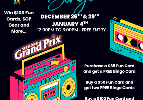 SGP Music Bingo flyer: colorful retro vibe, prizes, dates Dec 26-29 and Jan 4-5, free entry, check-in 11:45AM, bingo cards and fun gear.