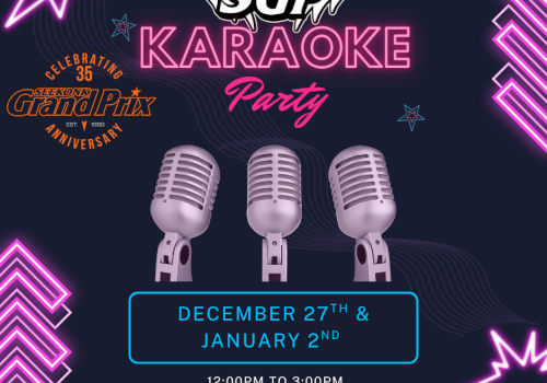 Karaoke party promo for SGCP featuring three retro microphones, neon pink accents, and event details for December 27th and January 2nd.