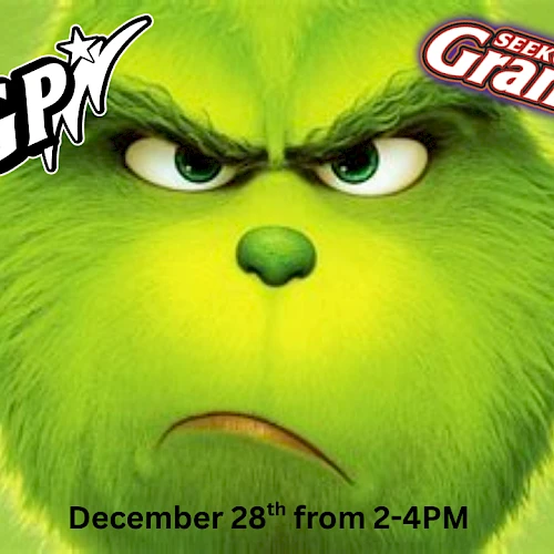 A furious, neon-green Grinch face fills the frame, with logos for SGF and Grand Prix on the corners and a December 28 event note at bottom.