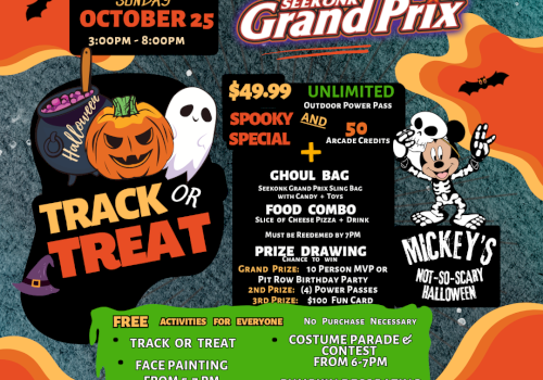 A Seekonk Grand Prix Halloween party on Oct 25, 3&ndash;8pm&mdash;$49.99 unlimited power pass, track-or-treat, face painting, parade, prize drawing, and more.