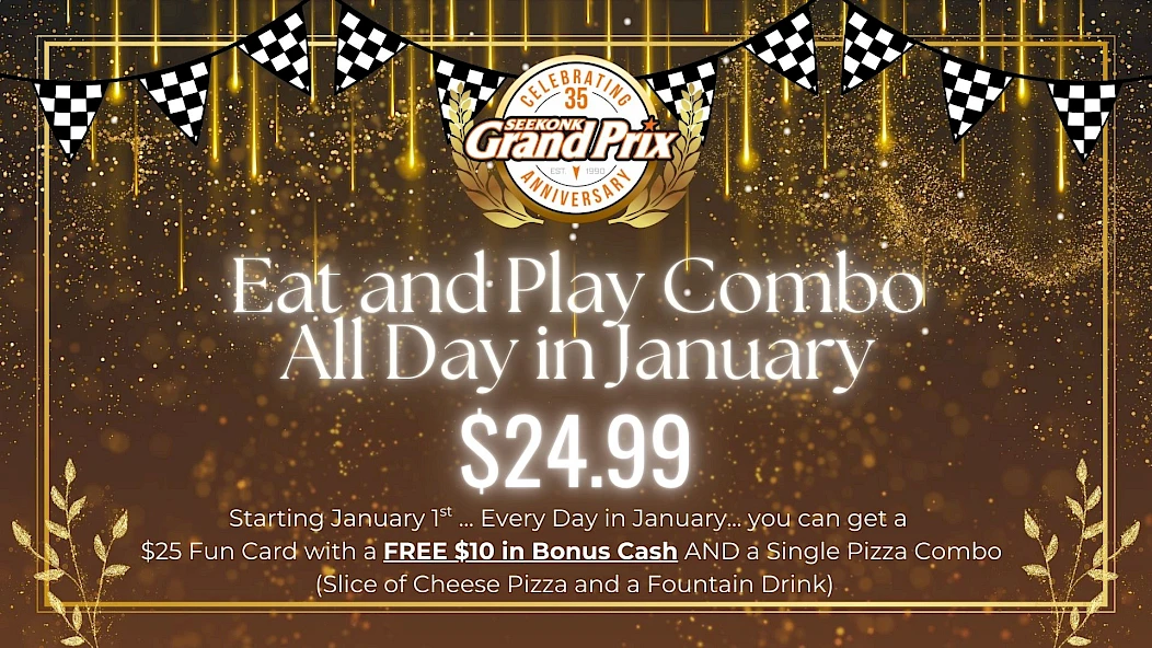 New year promo banner: &ldquo;Eat and Play Combo All Day in January&rdquo; for $24.99 with details about bonuses and inclusions.