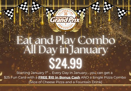 New year promo banner: &ldquo;Eat and Play Combo All Day in January&rdquo; for $24.99 with details about bonuses and inclusions.