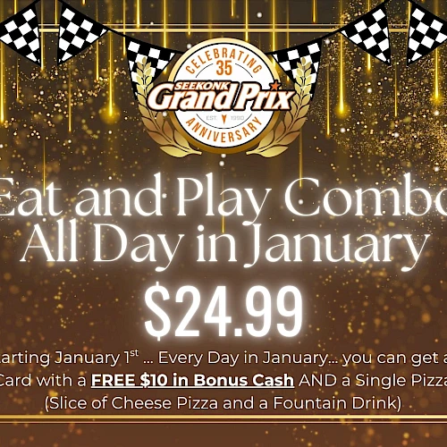 New year promo banner: &ldquo;Eat and Play Combo All Day in January&rdquo; for $24.99 with details about bonuses and inclusions.