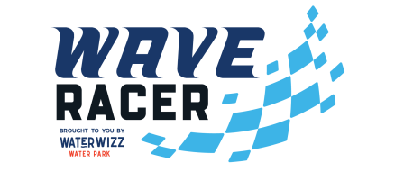A logo reading &ldquo;WAVE RACER&rdquo; with a blue checkered wave motif sweeping right, and smaller text &ldquo;brought to you by WATER WIZZ WATER PARK&rdquo; below.