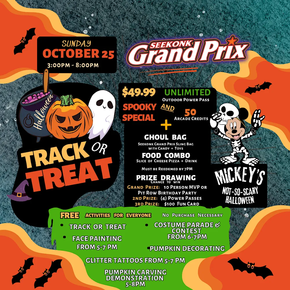 Seekonk Grand Prix Halloween Oct 25, 3&ndash;8pm: $49.99 Unlimited Outdoor Power Pass, track-or-treat, face paint, parade, prize drawing.